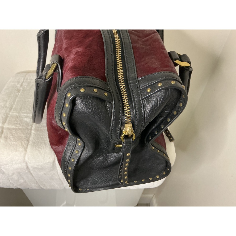 OrYANY Burgundy Cow Hair and Black Leather Studded Satchel Handbag Gold Hardware - Picture 4 of 10